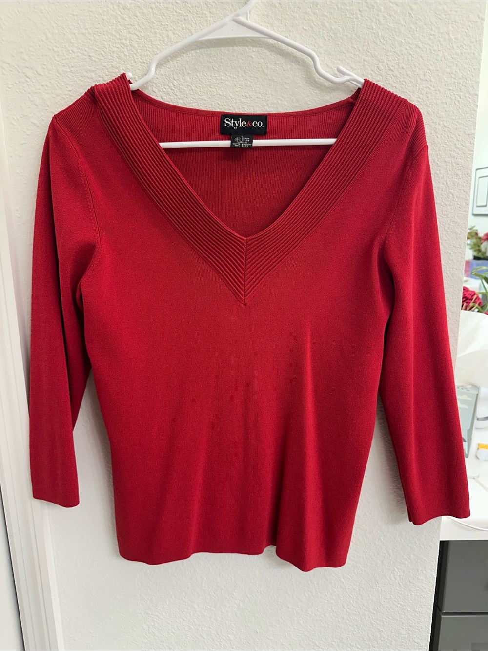 Style & Co. Cherry Red V-Neck Ribbed Trim Sweater